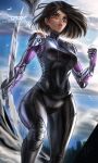  1girl alita battle_angel_alita black_bodysuit black_hair blue_sky bodysuit brown_eyes cloud cloudy_sky covered_navel cowboy_shot from_below hand_up holding holding_sword holding_weapon humanoid_robot izhardraws outdoors parted_lips robot short_hair signature sky solo sword weapon 
