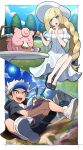  1boy 1girl :d black_footwear black_hair black_shorts blonde_hair blue_headwear blush border braid braided_ponytail chair clefairy cloud cup day dolustoy dress eating flower food gen_1_pokemon gen_7_pokemon grass green_eyes guzma_(pokemon) hand_up hat highres holding holding_pokemon long_hair lusamine_(pokemon) open_mouth outdoors picnic_basket pokemon pokemon_(creature) pokemon_(game) pokemon_sm puffy_sleeves sandwich shiny shiny_hair shoes short_sleeves shorts sitting sky smile sun sun_hat sweat table teeth tongue tree visor_cap white_border white_dress white_footwear white_hair wimpod younger 