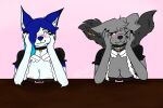  3:2 absurd_res anthro basian bell bell_collar blue_body blue_fur blue_hair breasts canid canine canis cleavage clothed clothing collar domestic_dog duo ear_piercing female female/female fur grey_body grey_fur grey_hair hair head_on_hand hi_res husky long_hair maid_uniform mammal nordic_sled_dog piercing spitz uniform white_body white_fur wolf wolfie_(wolfmuttz) wolfmuttz 