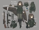  1girl assault_rifle asterisk_kome battle_rifle black_footwear boots brown_eyes brown_gloves brown_hair brown_wings browning_hi-power character_name english_text feathered_wings fn_fal full_body gloves green_jacket green_pants grey_background gun handgun highres jacket knife lee-enfield load_bearing_vest long_hair looking_at_viewer miriam_hawker multiple_views pants pistol rifle signature simple_background sniper_rifle weapon winged_fusiliers wings 