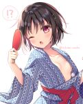  !? 1girl ;o bangs black_hair blue_kimono blush breasts collarbone commentary_request eyebrows_visible_through_hair hair_ornament holding holding_mirror japanese_clothes kimono long_sleeves looking_at_mirror mirror no_bra one_eye_closed open_clothes open_kimono original red_eyes red_sash sash shikitani_asuka small_breasts solo spoken_interrobang twitter_username wide_sleeves 