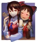  2girls absurdres alcohol ambiguous_gender ascot bangs blue_neckwear blush bottle bow brown_eyes brown_hair commentary_request cookie_(touhou) cup detached_sleeves drunk frilled_bow frilled_hair_tubes frills hair_between_eyes hair_bow hair_tubes hakonnbo hakurei_reimu highres holding holding_bottle holding_cup long_hair looking_at_another looking_back mugi_(cookie) multiple_girls open_mouth red_bow red_shirt sananana_(cookie) shirt short_hair sidelocks sleeveless sleeveless_shirt touhou transparent_background upper_body white_sleeves yellow_eyes yellow_neckwear 