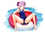  1girl bangs bare_shoulders blue_swimsuit breasts collarbone covered_navel fate/grand_order fate_(series) goggles goggles_on_head helena_blavatsky_(fate) helena_blavatsky_(swimsuit_archer)_(fate) highres innertube looking_at_viewer one-piece_swimsuit purple_eyes purple_hair school_swimsuit senbon_tsuki short_hair sitting small_breasts spread_legs swimsuit thighs 