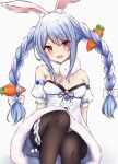  1girl :d absurdres animal_ear_fluff animal_ears arm_support bangs bare_shoulders black_legwear blue_hair blue_ribbon blush bow braid breasts bunny_ears carrot carrot_hair_ornament detached_sleeves don-chan_(usada_pekora) dress eyebrows_visible_through_hair feet_out_of_frame food_themed_hair_ornament fur_trim hair_bow hair_ornament hair_ribbon head_tilt highres hololive huge_filesize leg_garter long_hair looking_at_viewer medium_breasts multicolored_hair open_mouth pantyhose pikao pom_pom_(clothes) puffy_short_sleeves puffy_sleeves red_eyes ribbon short_sleeves sidelocks silver_hair simple_background sitting smile solo thick_eyebrows tress_ribbon twin_braids twintails two-tone_hair usada_pekora very_long_hair virtual_youtuber white_background white_bow white_dress 