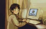  1girl blush brown_eyes brown_hair closed_mouth computer curtains hair_ornament hairclip indoors io_(onisarashi) iwakura_lain keyboard_(computer) long_sleeves looking_at_viewer monitor serial_experiments_lain short_hair sketch solo windows x_hair_ornament 