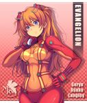  1girl blue_eyes bodysuit breasts covered_navel cowboy_shot hairpods highres interface_headset long_hair multicolored multicolored_bodysuit multicolored_clothes neon_genesis_evangelion orange_bodysuit orange_hair pilot_suit plugsuit red_bodysuit skin_tight small_breasts solo souryuu_asuka_langley test_plugsuit two_side_up yorunaku_tanishi 