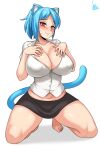  1girl absurdres animal_ears black_skirt blue_hair blue_tail blush breasts cat_ears cat_tail cleavage covered_nipples hand_on_own_chest highres humanization jmg kneeling large_breasts looking_at_viewer mature nicole_watterson nipples polo_shirt red_eyes short_hair skirt smile solo tail the_amazing_world_of_gumball thighs underwear whisker_markings white_background 