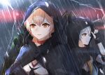  2girls black_cloak black_gloves black_neckwear blonde_hair breasts brown_jacket capelet choker cloak closed_mouth eyebrows_visible_through_hair fingerless_gloves girls_frontline gloves grey_hair highres holding holding_weapon hood hooded_cloak jacket long_hair looking_away multiple_girls muteppona_hito necktie ots-14 ots-14_(girls_frontline) rain red_choker shirt silver_hair svd_(girls_frontline) water_drop weapon white_shirt yellow_eyes 