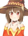  1girl bangs bare_shoulders black_choker breasts brown_hair brown_headwear choker cleavage closed_mouth collarbone commentary dress hair_between_eyes hands_on_own_chest hat highres kono_subarashii_sekai_ni_shukufuku_wo! light_blush long_sleeves looking_at_viewer megumin nukoten off_shoulder portrait raised_eyebrows red_dress red_eyes short_hair short_hair_with_long_locks simple_background small_breasts solo tearing_up unhappy wavy_mouth white_background witch_hat 