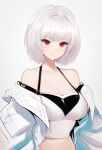  1girl azur_lane bangs bare_shoulders bob_cut breasts cleavage closed_mouth collarbone edward_montenegro eyebrows_visible_through_hair highres jacket large_breasts looking_at_viewer open_clothes open_jacket red_eyes short_hair simple_background sirius_(azur_lane) solo white_background white_hair 