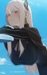  1girl black_capelet black_dress breasts bright_pupils bug butterfly butterfly_hair_ornament capelet dress echidna_(re:zero) green_butterfly hair_ornament highres insect large_breasts looking_at_viewer re:zero_kara_hajimeru_isekai_seikatsu silver_hair smile solo striped u-doku vertical-striped_dress vertical_stripes white_eyelashes 