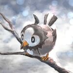  absurdres animal_focus artist_name bird black_sclera blurry blurry_background bokeh closed_mouth colored_sclera commentary day_walker1117 depth_of_field english_text full_body gen_4_pokemon highres no_humans pokemon pokemon_(creature) signature sitting solo starly stick white_eyes 