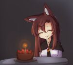  1girl animal_ear_fluff animal_ears bangs birthday birthday_cake black_background black_cape brooch brown_hair cake candle cape closed_eyes closed_mouth eyebrows_visible_through_hair food hair_between_eyes imaizumi_kagerou jewelry long_hair simple_background smile solo table touhou upper_body wolf_ears wool_(miwol) 