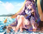  1girl bangs barefoot blue_skirt detached_sleeves frilled_skirt frills genshin_impact hair_cones helawid keqing_(genshin_impact) looking_at_viewer open_mouth purple_eyes purple_hair sitting skirt solo twintails water 