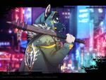  abstract_background anthro bat_(object) canid canine canis city clothed clothing cyberpunk cyberpunk_2077 digital_media_(artwork) domestic_dog dystopia fur gang gangster headgear kiko kikonine looking_at_viewer male mammal mask outside punk simple_background solo stylized_background ti-killa topwear video_games weapon 