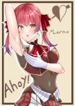  1girl :o absurdres arm_behind_head armpits blush character_name commentary_request crop_top eyepatch gloves highres hololive houshou_marine kyaro_(carrot) looking_at_viewer midriff navel red_eyes red_hair red_skirt sidelocks skirt solo stomach twintails white_gloves 