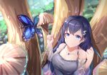  1girl absurdres blue_butterfly blue_eyes blue_hair breasts bug butterfly cleavage clenched_hands collarbone detached_sleeves grey_tank_top hair_behind_ear highres hololive hololive_china insect large_breasts mie_xiao_ya mushroom rosalyn_(hololive) see-through_sleeves smile solo tank_top tree virtual_youtuber 