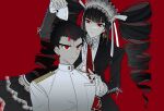  1boy 1girl arm_up armband bangs black_hair black_jacket black_nails blood blunt_bangs bonnet breast_pocket celestia_ludenberg center_frills cup curly_hair danganronpa:_trigger_happy_havoc danganronpa_(series) drill_hair earrings eyebrows_visible_through_hair frills gothic_lolita hand_on_another&#039;s_shoulder ishimaru_kiyotaka jacket jewelry lolita_fashion long_hair necktie open_clothes open_jacket pocket red_background red_eyes red_neckwear short_hair simple_background smile spiked_hair teacup twin_drills twintails uniform vo1ez white_gakuran 