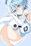  1girl bare_shoulders blush breasts elbow_gloves gloves hair_between_eyes highres iwashi_dorobou_-r- leotard light_blue_hair looking_at_viewer neptune_(series) power_symbol red_eyes short_hair_with_long_locks small_breasts solo symbol-shaped_pupils thighhighs white_gloves white_heart white_leotard 