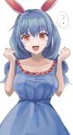  1girl :d ? animal_ears bangs blue_dress blue_hair breasts bunny_ears collarbone commentary_request cowboy_shot dress eyebrows_behind_hair hair_between_eyes hands_up highres large_breasts long_hair looking_at_viewer low_twintails open_mouth puffy_short_sleeves puffy_sleeves red_eyes seiran_(touhou) short_sleeves simple_background smile solo spoken_question_mark sweatdrop touhou twintails wanya2panic white_background 