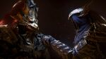  2boys absurdres armor artorias_the_abysswalker commentary dark_background dark_souls dragon_slayer_ornstein from_side full_armor gauntlets gazedsoul helm helmet highres male_focus multiple_boys plume pointing_at_another portrait shoulder_armor souls_(from_software) 