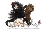  3girls angry black_hair blonde_hair brown_hair crossover crown dark_skin dark_skinned_female fangs fighting godzilla godzilla_(series) godzilla_vs_kong haraya_manawari hood hoodie iowa_(kancolle) kantai_collection king_kong king_kong_(series) long_hair mini_crown monkey_hood multiple_girls open_mouth personification red_eyes spiked_hair stepped_on tears thighhighs very_long_hair 