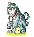  1girl :p animal_on_head asui_tsuyu bandaid bandaid_on_knee bangs black_eyes black_hair black_legwear blazer blush boku_no_hero_academia boots closed_mouth dliok fingernails frog_on_head from_side full_body grass hair_between_eyes hair_rings highres jacket kneehighs knees_to_chest knees_up leaning_forward legs_together long_hair long_sleeves looking_at_viewer looking_to_the_side low-tied_long_hair nose_blush on_head pleated_skirt red_scarf rubber_boots sanpaku scarf school_uniform shiny shiny_clothes shiny_hair sidelocks skirt solo squatting tongue tongue_out traditional_media u.a._school_uniform very_long_hair white_background yellow_footwear 