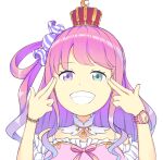  1girl arms_up bangs breasts candy_hair_ornament crown dababy_(rapper) derivative_work destinyuu081 finger_gun finger_gun_to_head food_themed_hair_ornament gradient_hair green_eyes grin hair_ornament hair_rings heterochromia highres himemori_luna hololive long_hair medium_breasts mini_crown multicolored_hair one_side_up parody photo-referenced pink_hair princess purple_eyes purple_hair real_life simple_background smile teeth virtual_youtuber watch wavy_hair white_background wristwatch 