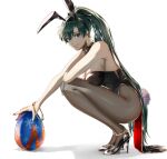  1girl animal_ears bangs bare_shoulders black_footwear black_nails bow bowtie bracelet breasts bunny_ears bunny_tail cleavage closed_mouth commentary_request delsaber earrings easter_egg egg fake_animal_ears fake_tail fire_emblem fire_emblem:_the_blazing_blade fishnet_legwear fishnets full_body green_eyes green_hair hair_between_eyes high_heels high_ponytail highres holding holding_egg jewelry large_breasts long_hair looking_at_viewer lyn_(fire_emblem) playboy_bunny ponytail shadow simple_background smile solo squatting tail white_background 