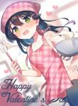  1girl apron bangs bare_arms bare_shoulders black_hair black_legwear blurry blurry_background blush breasts commentary_request depth_of_field dutch_angle eyebrows_visible_through_hair green_eyes hair_between_eyes hair_ornament hairclip happy_valentine head_scarf heart holding ichihaya indoors long_hair mixing_bowl naked_apron nose_blush open_mouth original pink_apron plaid plaid_apron small_breasts solo spatula thighhighs 