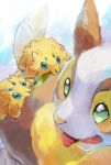  animal_focus blank_eyes blue_background blue_eyes bug commentary day_walker1117 dog extra_eyes gen_5_pokemon gen_8_pokemon green_eyes highres joltik looking_back no_humans open_mouth pokemon pokemon_(creature) simple_background tongue tongue_out yamper 