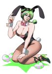  1girl animal_ears bare_shoulders bow bowtie braid breasts bug bunny_ears bunny_tail butterfly cleavage detached_collar double_bun egg fake_animal_ears full_body green_eyes green_hair green_lips hair_bun hair_cones highres insect jewelry jojo_no_kimyou_na_bouken kujo_jolyne large_breasts leotard long_hair looking_at_viewer multicolored_hair navel_piercing pantyhose piercing playboy_bunny ponytail smile solo star stone_ocean strapless tail tina_fate two-tone_hair wrist_cuffs 