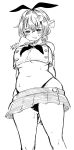  1girl arm_behind_back arms_behind_back black_hairband black_panties braid breasts cosplay crop_top embarrassed from_below hair_flaps hair_ornament hairband hairclip highleg highleg_panties highres jingei_(kancolle) kantai_collection kirisawa_juuzou large_breasts lineart long_hair low_ponytail microskirt miniskirt monochrome neckerchief panties pleated_skirt sailor_collar shimakaze_(kancolle) shimakaze_(kancolle)_(cosplay) single_braid skirt solo standing underwear 