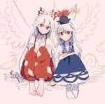  2girls barefoot blue_dress blue_hair blue_headwear bow breasts cleavage drawn_horns drawn_tail drawn_wings dress ex-keine hair_bow hat itomugi-kun kamishirasawa_keine long_hair looking_at_viewer multicolored_hair multiple_girls no_shoes pants red_bow red_eyes red_pants shirt short_sleeves sitting socks suspenders torn_clothes torn_sleeves touhou two-tone_hair very_long_hair white_bow white_hair white_legwear white_shirt 