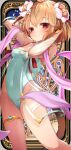  1girl absurdres ahoge andira_(granblue_fantasy) animal_ears arms_behind_head bangs bare_shoulders blue_swimsuit casual_one-piece_swimsuit closed_mouth collarbone commentary_request covered_navel double_bun eyebrows_visible_through_hair flower granblue_fantasy groin hair_between_eyes hair_flower hair_ornament hands_up highres light_brown_hair monkey_ears monkey_girl monkey_tail one-piece_swimsuit pink_flower pink_ribbon rai_(sakuranbo_sugar) red_eyes ribbon see-through smile solo swimsuit tail white_flower 