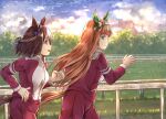  :d animal_ears black_hair blue_bow blue_ribbon blush bow braid brown_hair chain-link_fence closed_mouth commentary ear_bow english_commentary fence green_eyes hair_ribbon hairband highres hikari_niji horse_ears horse_girl horse_tail jacket long_hair long_sleeves multicolored_hair open_mouth outdoors pants profile purple_eyes railing red_jacket red_pants ribbon running silence_suzuka_(umamusume) smile special_week_(umamusume) sunrise tail track_jacket track_pants track_suit two-tone_hair umamusume upper_teeth very_long_hair white_hair white_hairband 
