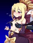  5_fingers absurd_res accessory adell_(disgaea) alternate_breast_size areola armwear black_gloves blonde_hair blue_background blue_gem blush breasts breath clothed clothing collarbone colored_nails cromachina disgaea duo ear_piercing ear_ring elbow_gloves elf erect_nipples eyebrow_through_hair eyebrows eyelashes_visible_through_hair faceless_character female fingers gloves gradient_background hair hair_accessory hair_tie half-closed_eyes handwear hi_res human human_on_humanoid humanoid humanoid_pointy_ears interspecies jewelry long_hair male male/female mammal nails narrowed_eyes necklace nipple_fetish nipple_pinch nipple_play nipples not_furry open_mouth partially_clothed piercing pinch pink_eyes pink_nails purple_gloves purple_ribbon red_hair ring rozalin simple_background small_breasts standing tied_hair topless translucent translucent_hair video_games yellow_ribbon 