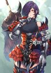  1girl armor armored_boots boots breasts commentary_request cowboy_shot faulds gauntlets greatsword hair_over_one_eye headwear_removed helmet helmet_removed highres medium_breasts mikan_(chipstar182) monster_hunter_(series) original purple_hair rathalos_(armor) red_eyes short_hair skindentation solo standing sweat thigh_boots thighhighs weapon weapon_on_back 
