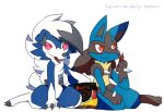  2017 3_claws 3_fingers 3_toes beef black_claws black_nose blue_body blue_fur canid canine chest_tuft claws daww digital_drawing_(artwork) digital_media_(artwork) digitigrade duo eating feet female fiddleafox fingers fluffy fluffy_chest food fur looking_away low_res lucario lycanroc mammal meat midnight_lycanroc moro_(fiddleafox) neck_tuft nintendo paws pok&eacute;mon pok&eacute;mon_(species) red_eyes sharp_claws shiny_pok&eacute;mon simple_background sitting small_tail smile spikes spikes_(anatomy) text toes tuft url video_games white_background white_body white_fur 