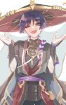  1boy absurdres blue_eyes blue_hair genshin_impact half-closed_eyes hands_up hat highres japanese_clothes jewelry looking_at_viewer miyako1135u necklace open_mouth scaramouche short_sleeves smile smug solo upper_teeth vambraces 