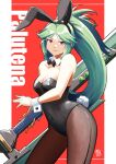  1girl animal_ears automatic_giraffe bare_shoulders black_leotard breasts bunny_ears bunny_tail detached_collar dress fake_animal_ears fishnets green_eyes green_hair jewelry kid_icarus large_breasts legs leotard long_hair long_legs looking_at_viewer monster_hunter_(series) monster_hunter_rise palutena pantyhose pit_(kid_icarus) playboy_bunny rabbit_girl smile solo strapless strapless_dress strapless_leotard sword tail thighs very_long_hair weapon wrist_cuffs 