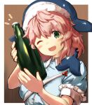  1girl ;d bangs blue_headwear blue_shirt blush border bottle breasts brown_background commentary_request eyebrows_visible_through_hair frills green_eyes hands_up highres holding holding_bottle medium_breasts notice_lines okunoda_miyoi one_eye_closed open_mouth outside_border pink_hair shirt short_hair short_sleeves simple_background smile solo touhou uisu_(noguchipint) upper_body whale_hat white_border 