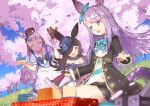  5girls :d ^_^ animal_ears bangs bare_shoulders black_bow black_dress black_hair black_headwear black_jacket black_skirt blue_bow blue_flower blue_ribbon blue_rose blue_shirt bow breasts brown_hair brown_headwear brown_jacket brown_pants character_request closed_eyes commentary_request day dress ear_covers ear_ribbon eyebrows_visible_through_hair flower food gold_ship_(umamusume) grin hair_over_one_eye hat hat_flower holding holding_food holding_knife holding_plate horse_ears horse_girl horse_tail jacket knife long_hair medium_breasts mejiro_mcqueen_(umamusume) mini_hat multiple_girls naitou_ryuu off-shoulder_dress off_shoulder open_mouth outdoors pants plate pleated_skirt purple_eyes purple_hair ribbon rice_shower_(umamusume) rose running school_uniform shirt silver_hair sitting skirt small_breasts smile tail tilted_headwear tracen_school_uniform track_jacket track_pants track_suit tree umamusume very_long_hair white_skirt 