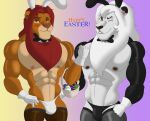  anthro barazoku basket biceps blush bow_tie bulge clothed clothing costume digital_media_(artwork) disney duo egg fake_ears fake_rabbit_ears felid fur gloves handwear hi_res kimba kimba_the_white_lion klr-rio legwear lion looking_at_viewer male mammal muscular muscular_anthro muscular_male nipples osamu_tezuka pantherine reverse_bunny_costume reverse_bunny_suit simba stockings the_lion_king translucent translucent_clothing underwear 