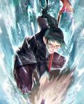  1girl bangs black_hair black_jacket gakuran glasses green_hair high_collar holding jacket jujutsu_kaisen krazehkai long_hair long_sleeves looking_at_viewer polearm ponytail school_uniform short_hair smile solo spear weapon zenin_maki 