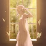  1girl backlighting blonde_hair blurry blurry_background bug butterfly dress genshin_impact hand_in_hair highres indoors insect lumine_(genshin_impact) profile see-through see-through_silhouette short_hair_with_long_locks short_sleeves solo standing waspish_spider window 