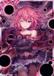  1girl akkijin bare_shoulders black_gloves breasts darkness elbow_gloves frilled_skirt frills gloves injury looking_at_viewer medium_breasts official_art one_eye_closed pink_eyes pink_hair purple_sky ruins shinkai_no_valkyrie short_hair skirt stomach torn_clothes 