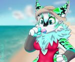  anthro beach bikini black_body black_fur blue_body blue_eyes blue_fur blue_horn clothing female fish food fur furred_shark hair half_body hat headgear headwear horn kemogaku mane marine neck_tuft pawpads paws popsicle seaside shark soba_(kemogaku) soba_kemogaku solo swimwear tongue tongue_out tuft white_body white_fur white_hair 