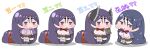  4girls absurdres bangs black_hair bodysuit breasts chibi commentary_request fate/grand_order fate_(series) highres large_breasts long_hair low-tied_long_hair minamoto_no_raikou_(fate) multiple_girls multiple_persona parted_bangs pelvic_curtain pink_bodysuit purple_eyes purple_hair rei_(rei_rr) seiza sitting smile translation_request very_long_hair wet 