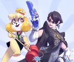  2018 animal_crossing anthro armwear barefoot bayonetta bayonetta_(character) beauty_mark black_hair bottomwear brown_eyes canid canine canis capt_spacecat clothing crossover domestic_dog duo ear_piercing ear_ring elbow_gloves eyewear feet female female/female glasses gloves gun hair hammer hand_on_hip handwear hi_res holding_object human isabelle_(animal_crossing) jewelry mammal melee_weapon necklace nintendo open_mouth pawpads piercing ranged_weapon shih_tzu skirt sleeveless_shirt teeth tongue tools topwear toy_dog vest video_games weapon 